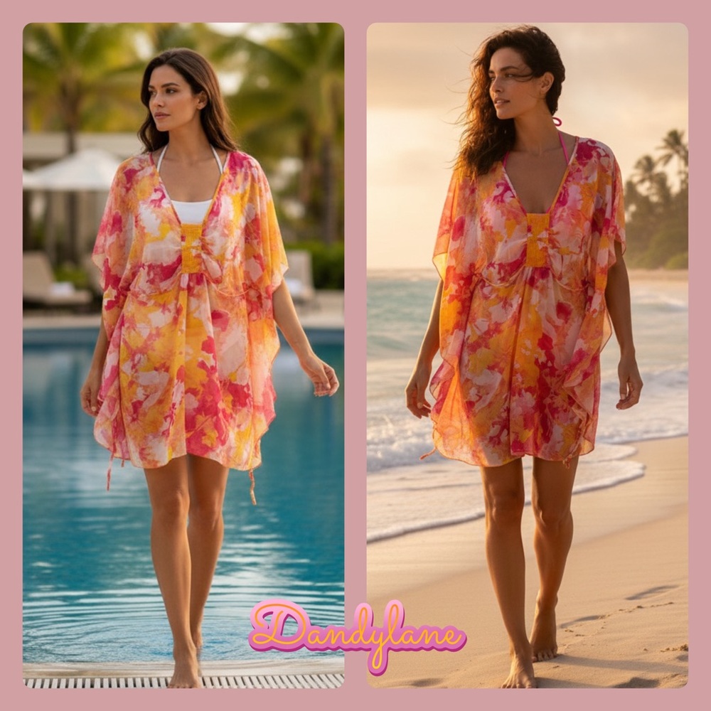 Laundry by Design Split Sleeves Caftan  Pink Yellow Swim Dress Size Medi…